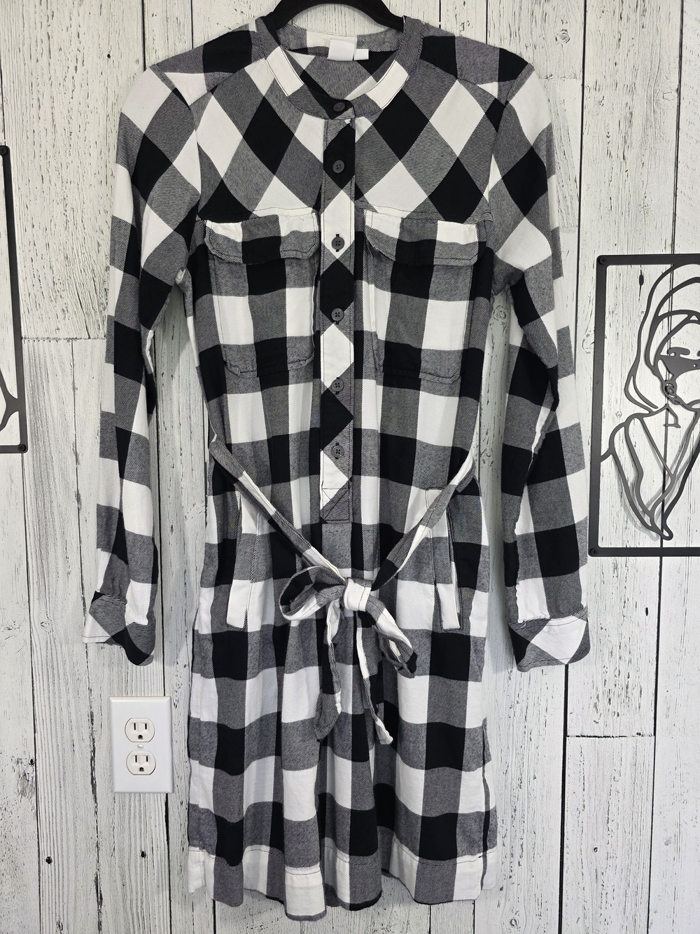 Gap Tall Buffalo Plaid Shirt Dress Black White Belted Size S Casual Work Wear